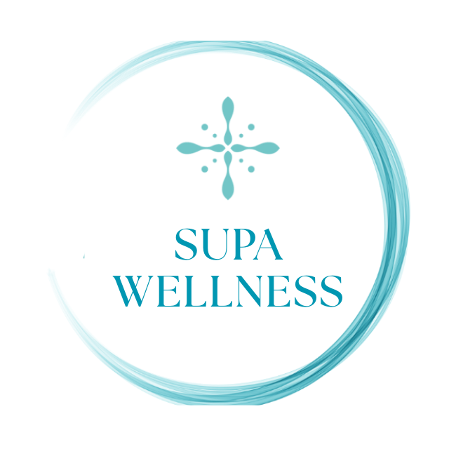 Supa Wellness logo with blue swirl design.